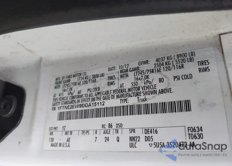 2013 Ford E-250 Commercial from USA, damaged, VIN 1FTNE2EW9DDA15112